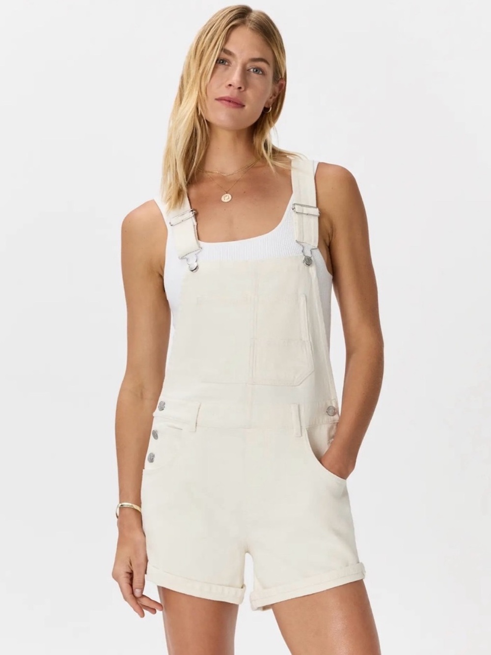 Quince 100% Organic Denim Shortalls Cream Size XL NWT
